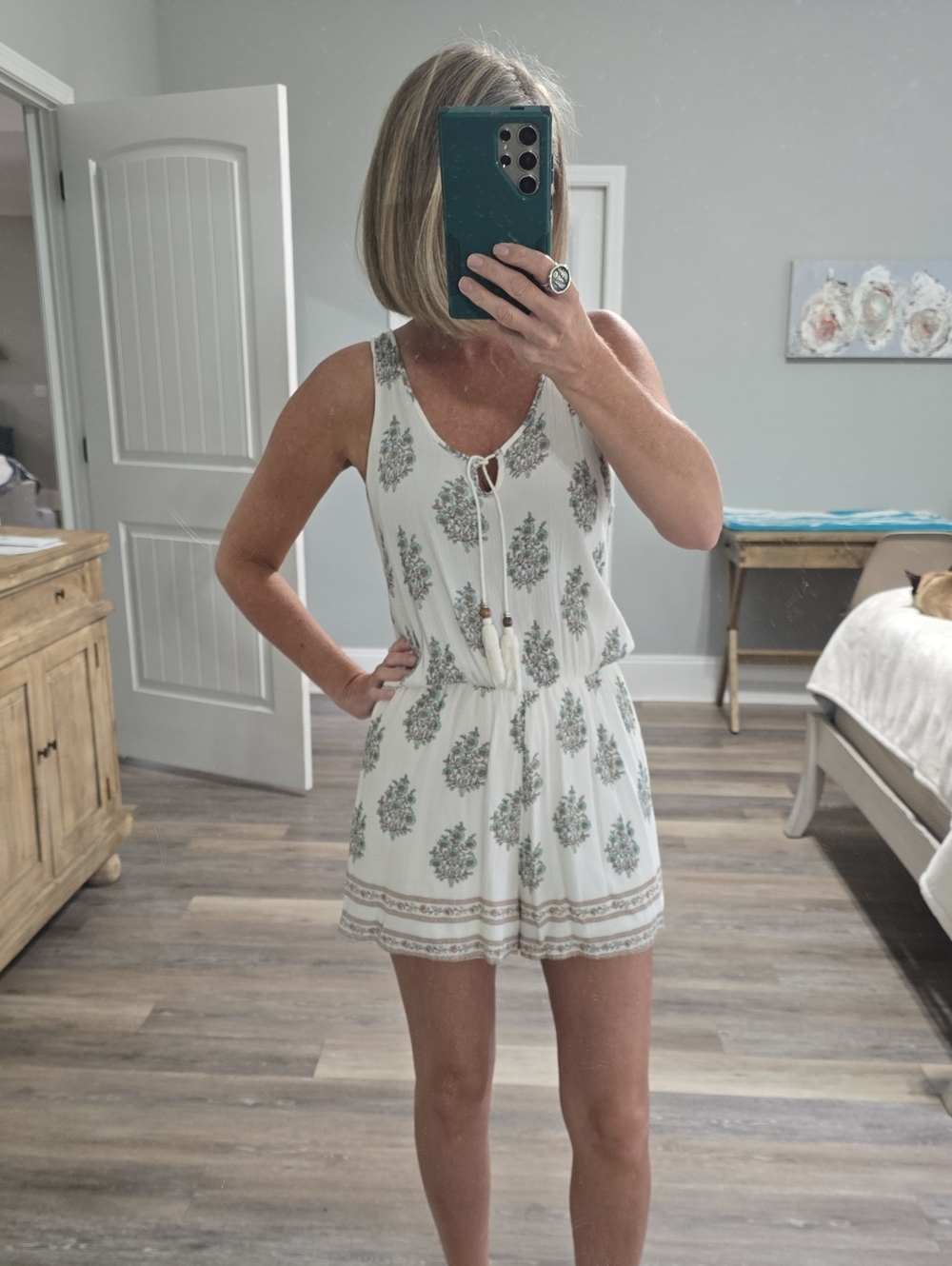 Xhilaration White Floral Tie-Front Romper with Tassels